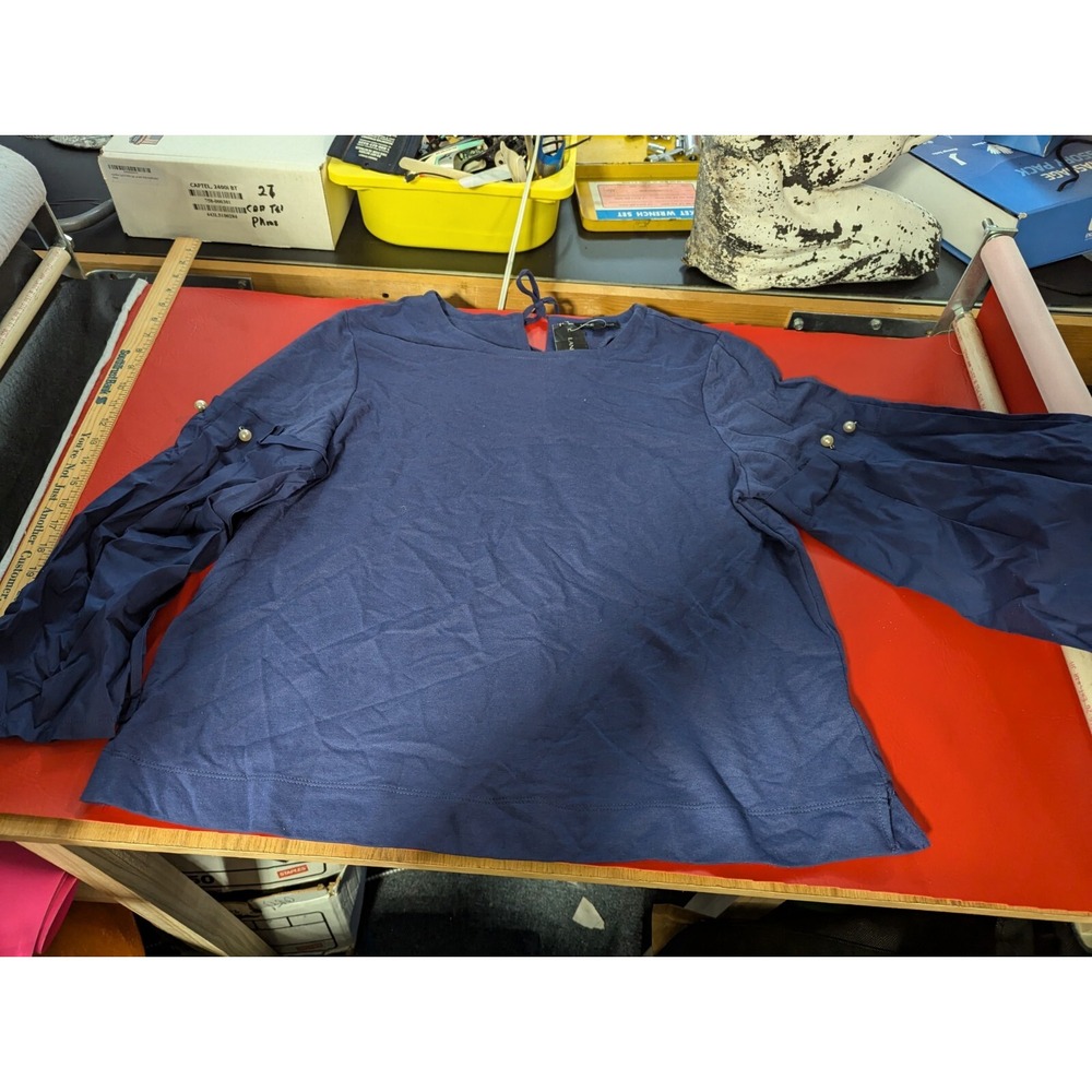 Lane Bryant 14-16 Blue tie neck pearl accent long sleeve shirt top NWT
